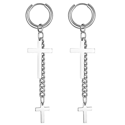JewelryWe Herren Damen Ohrringe Kreuz Kette Anhänger Edelstahl Creolen Ohrstecker Pierced Ohrringe für Männer Frauen Silber
