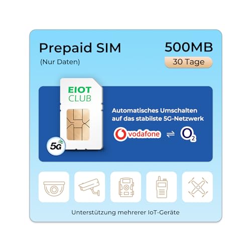 EIOTCLUB Prepaid SIM Karte für 5G 4G LTE-Überwachungskamera Wildkamera WiFi Router Unterstützt Vodafone O2-Netzwerk SIM-Karte Nur Daten Ohne Vertrag Ohne Registrierung
