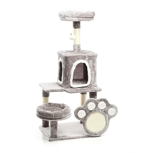 Fudajo Kratzbaum mit Pfoten-Kratzbrett Grau 111 cm Katzenkratzbaum mit Katzenhaus und Liegeflächen Katzenbaum mit Spielball Kletterbaum für Katzen