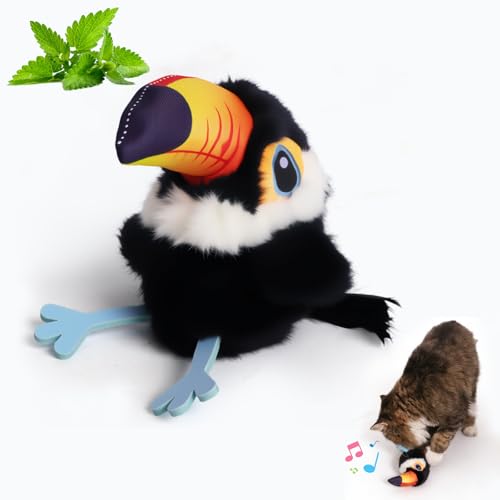Auveach Katzenspielzeug Vogel Interaktives Zwitscherndes Elektrisch Fliegender Vogel Katzenspielzeug mit Katzenminze 3 Modi Berührungsaktiviert USB-Aufladbar Fliegt Nicht Schwarz