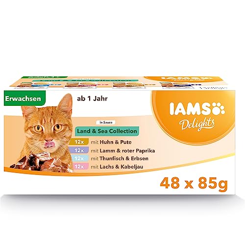 IAMS Delights Land Sea Collection Katzenfutter Nass - Multipack mit Fleisch und Fisch Sorten in Sauce Nassfutter fÃ¼r Katzen ab 1 Jahr 48 x 85 g