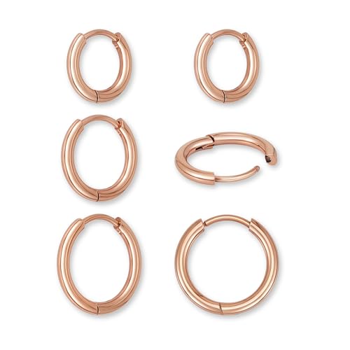  Rosegold   3 Paar elegante rosegoldene Kreolen klein 12 mm 14 mm 16 mm Chirurgenstahl in 18K rosevergoldet   Herren