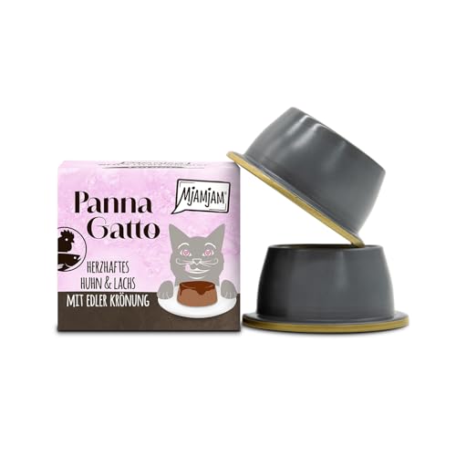 MjAMjAM - Premium Nassfutter für Katzen - Panna Gatto - herzhaftes Huhn Lachs mit edler Krönung 1er Pack 2x80g getreidefrei