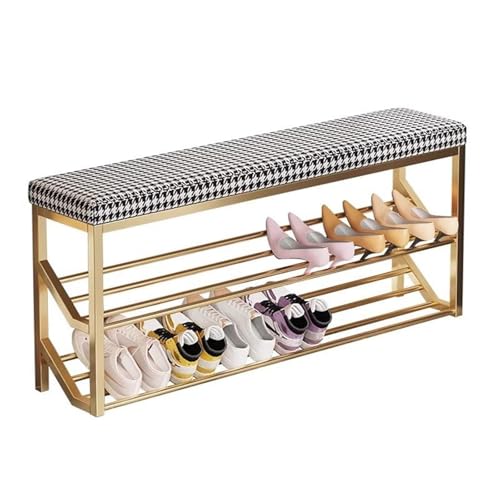 Stilvolles schmales Schuhregal mit 2 Etagen aus PU-Leder und stabilem Metall ideal für Flur Eingang Wohnzimmer Schwarz D 120 x 20 cm