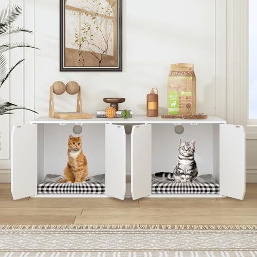 Caldion Katzenkäfig Katzenkloschrank mit Katzenhöhle Katzenschrank für Katzentoilette Katzenklo mit 2 Löchern 4 Türen Katzenhaus für Katze Weiß MDF Wohnzimmer Schlafzimmer 110x52x43cm