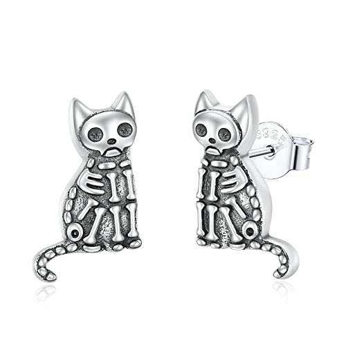 Skelett-Katzen-Ohrringe Knochen Sterlingsilber Ohrstecker Gothic-Schmuck Geschenke für Mädchen und Frauen Catlover