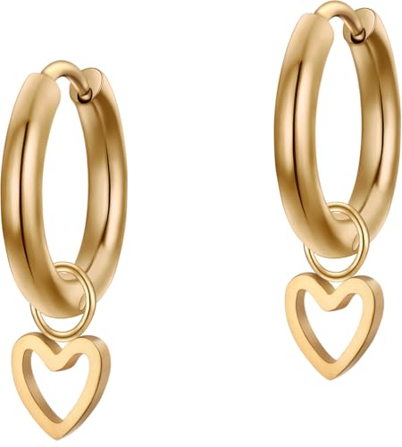 day.berlin Herz Ohrhänger Gia 18k vergoldet Damen Ohrringe 14 mm Durchmesser mit Herzanhänger 316L Edelstahl Creolen nickelfrei und wasserfest