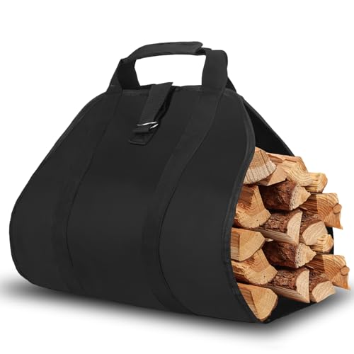 YOMKILU 1 Stück Kaminholztasche 600D Oxford PVC Holztasche für Kaminholz Große Kaminholzträger wasserdichte Faltbare Brennholztasche langlebig Holzkorb Kamin mit Griffe Schwarz
