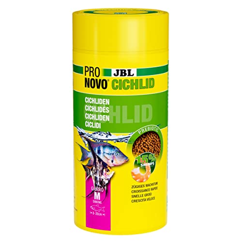 JBL PRONOVO CICHLID GRANO Hauptfutter für Buntbarsche von 8-20 cm Klickdosierer Fischfutter-Granulat Größe M 1000 ml