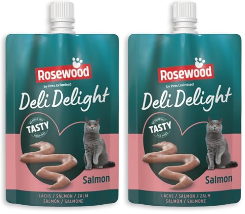 Rosewood Deli Delight Lachspüree für Katzen 80g Feines Topping oder Snack Hoher Feuchtigkeitsgehalt Ohne Zusatzstoffe Für wählerische Stubentiger Packung mit 2