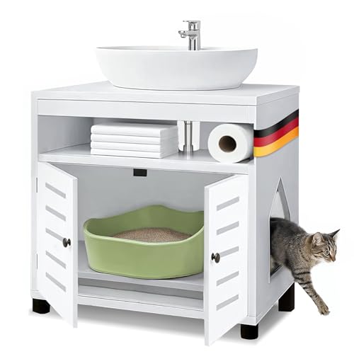 EASECAT Katzenschrank für Katzenklo Stilvoller Waschbeckenunterschrank Katzenmöbel mit flexiblem Einstieg Links rechts Versteckt Katzentoilette Katzenhaus Weiß 60 44 60 cm