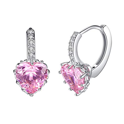 Yikoly Damen Mädchen Ohrringe creolen Silber 925 Ohrhänger mit Zirkonia Herz Hoop Einfache Schmuck für Frauen Freundin Pink