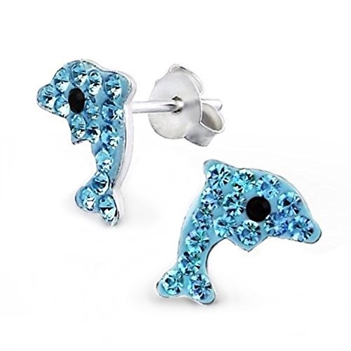 Blau Kristall Delfin Ohrstecker Ohrringe 925 Echt Silber Mädchen Damen Ohrhänger Delphin