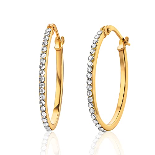Orovi Ohrschmuck für Damen 25 mm runde klassische kreis Creolen Gelbgold Goldreifen besetzt mit funkelnden veredelten Kristallen Ohrringe aus 9 Karat 375 Gold