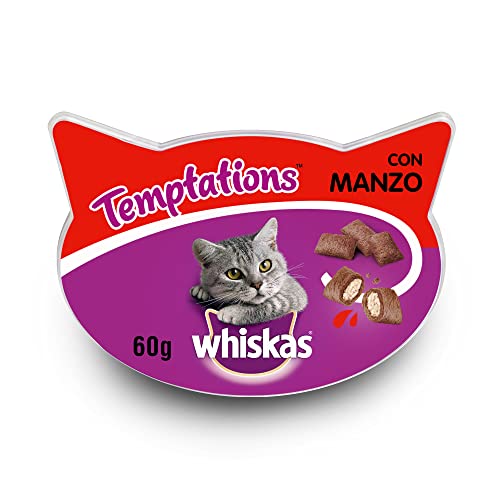 Whiskas Knuspertaschen für ausgewachsene Katzen - kalorienarme Knusper-Snacks für Katzen in der Geschmacksrichtung Rind 8 Schalen 8 x 60 g
