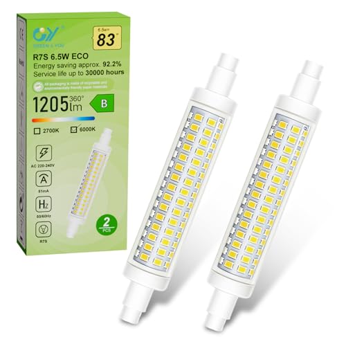 GY R7S LED Lampe 6.5W 230V 1205 Lumen 6000K Kaltweiß Glühbirnen ersetzt 83W Nicht Dimmbar Energiesparlampe LED Stablampe Leuchtmittel perfekt für Stehlampe Deckenfluter Flutlicht sowie 2er-Pack