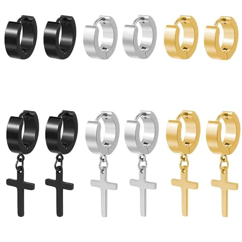 6 Paar Ohrringe Herren Edelstahl Creolen Kreuz Anhänger Ohrringe Set für Herren Damen Silber Schwarz Gold