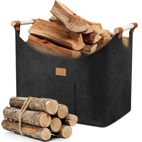 MZJAUVF 96L Kaminholzkorb Holzkorb für Kaminholz Faltbar brennholzkorb Feuerholzkorb mit Griff Brennholzkorb aus Extradickem Filz 60x40x40cm Holzkorbs Filz Holzkorbs Filztasche Dunkelgrau