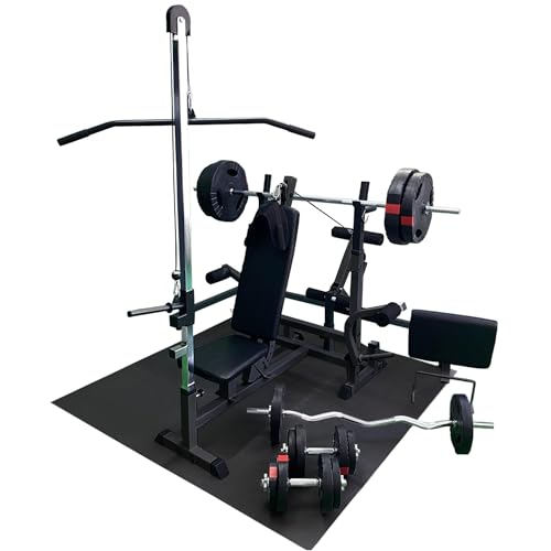 GORILLA SPORTS Kraftstation - Hantelbank mit verstellbare Hantelablage Latzugturm Butterfly Curlpult Beincurler und 100 kg Hantelset - Trainingsbank Fitnessstation Trainingsstation Schwarz