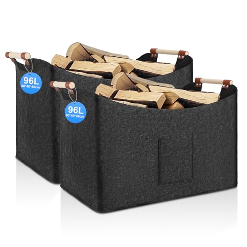 Faltbarer Holzkorb für Kaminholz 96L Kaminholzkorb Feuerholzkorb Korb für Kaminholz Brennholzkorb Filzkorb extra dicker Filz Holzkorb für Kaminholz verstärkter Griff -2 Pack Dunkelgrau