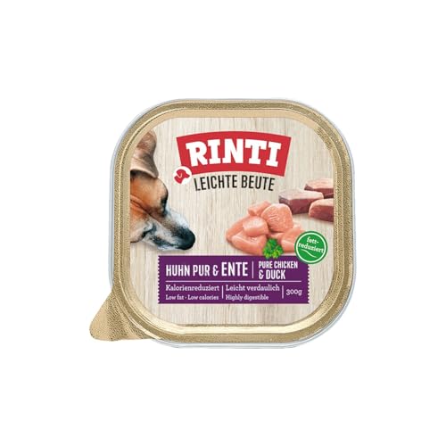 RINTI - Leichte Beute Kalorienreduziertes Nassfutter mit fettarmem magerem Fleisch für empfindliche ausgewachsene Hunde. Alleinfutter in praktischen Schälchen 9x300g Huhn Pur Ente