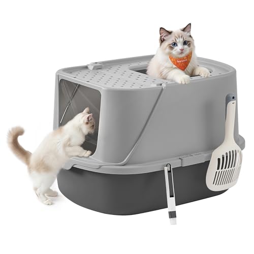 Feandrea Katzenklo groß XXL Katzentoilette mit Deckel mit Schaufel und Bürste für Katzen bis 15 kg Taubengrau-schiefergrau PPT011GN01