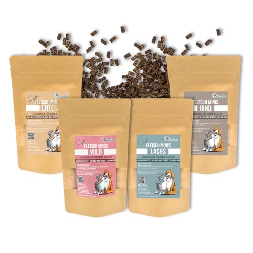 Pfotenliebe Leckerlies für Katzen und Hunde Soft Fleisch Minnis weicher Fleischsnack in verschiedenen Geschmacksrichtungen 200g 4X 50g Probierpaket