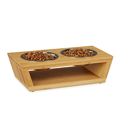 Relaxdays Futterstation Fressnapf Ständer aus Bambus Edelstahl Napf Set spülmaschinenfest Hund Katze Natur-Silber 18 x 35 5 x 10 5 cm