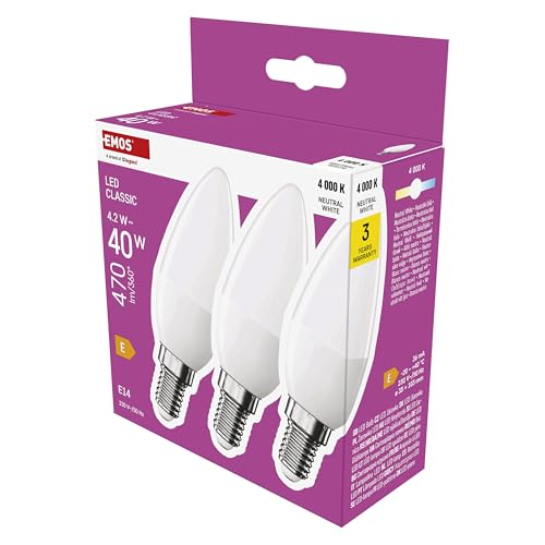 EMOS LED Lampe Candle 3er Pack 4 2W Ersatz für 40W Glühbirne Kerzenlampe mit E14 Sockel Helligkeit 470 lm Neutralweiß 4000 K 30000 h Lebensdauer CRI min. 80 240 Abstrahlwinkel