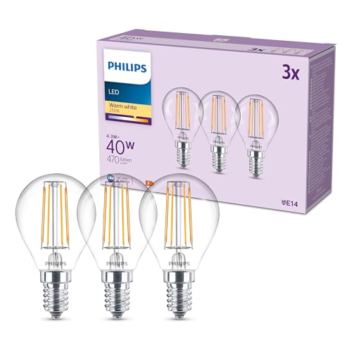 Philips classic P45 LED Lampe 40 Watt klar E14 Sockel 2700 K warmweißes Licht 3er Pack