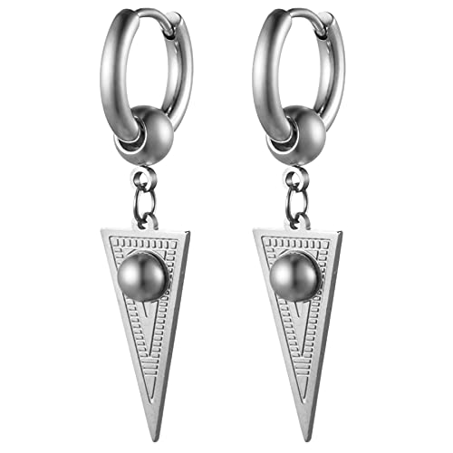 JewelryWe Creolen Ohrringe mit Dreieck Anhänger Silber Edelstahl Klein Huggie Creolen mit Baumelnde Umgekehrt Triangel und Kugel Hip Hop Punk Ohrstecker Ohrhänger Schmuck Geschenk für Damen Herren