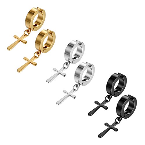 JewelryWe Schmuck 3 Paar Unisex Creolen Ohrringe Edelstahl Kreuz Ohrhänger ohne Loch Fake Ohrstecker Ohrclips Klappcreolen Huggie Silber Gold Schwarz