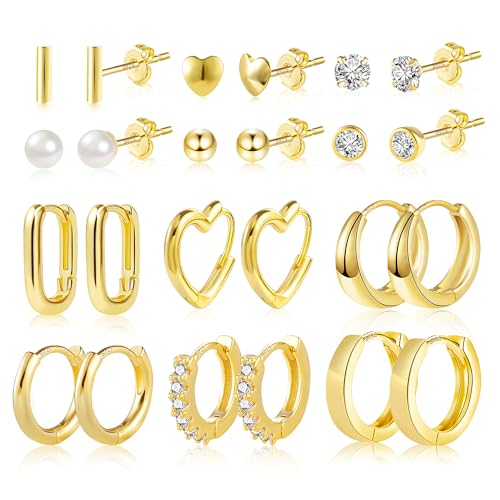 ASH S CHOICE Set 12 Paar Multipack Ohrstecker Kleine Set Eckig Oval Herz Kleine Kugel Zirkon Ohrstecker 9ct Set für