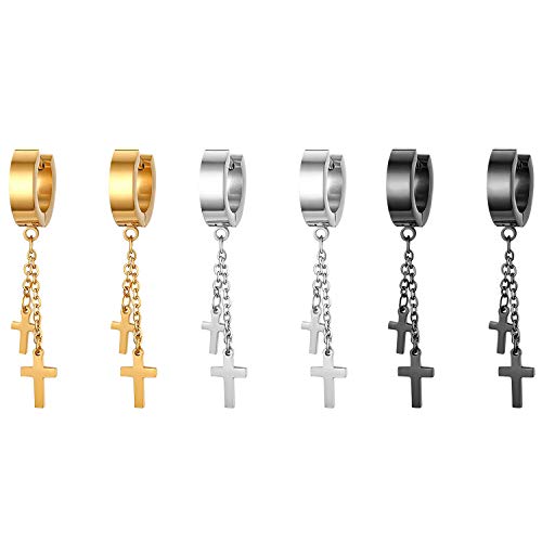 JewelryWe Schmuck 3 Paare Ohrringe Herren Damen Edelstahl Creolen mit doppelt Kreuz Kette Anhänger Ohrstecker Ohrhänger Piercing Schwarz Gold Silber
