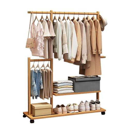 Doppelter Kleiderständer aus Bambus auf Rollen mit Schuhregal und Regalen 120 cm platzsparender Mantel und Schuhe für Schlafzimmer Flur Büro 100 kg Tragkraft