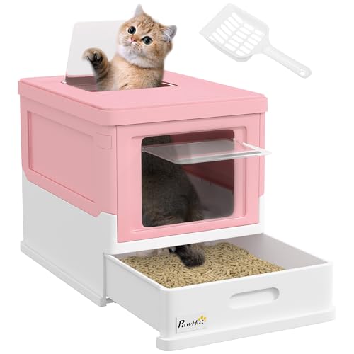 PawHut Katzentoilette Katzenklo mit Deckel Katzenhaus mit Bodenschale und Schaufel Desodorierungsbox Kunststoff Weiß Rosa 47 5 x 35 5 x 36 7 cm