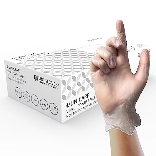 UNIGLOVES Unicare Vinyl - vielseitig einsetzbare Einweghandschuhe puderfrei latexfrei mittlere Stärke - Box mit 100 Handschuhen klar Größe Groß GS0064