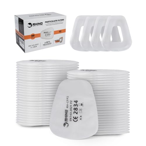 RHINO Smart Solutions 50 FFP2-Partikelfilter aus Baumwolle für Aktivkohlefilter und wiederverwendbare Atemschutzmasken gegen Gase Staub Farben Chemikalien Dämpfe und Pestizide inkl. 4 Kappen