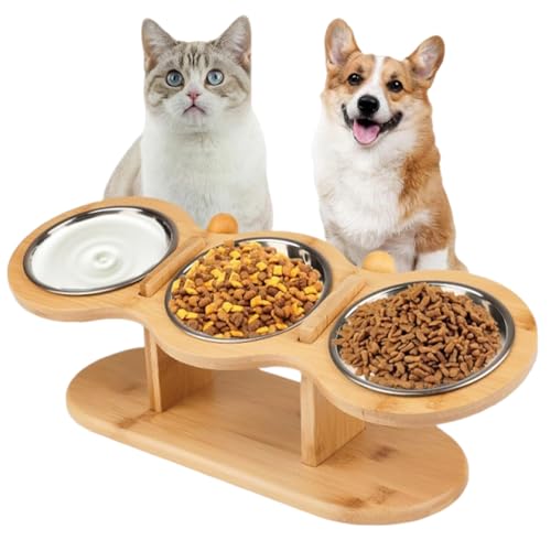Gykutix Katzennäpfe Erhöht Futterstation Katze 15 Gekippte Höhe Verstellbar Katzen Futternapf Erhöht mit 3 Edelstahl Schüsseln für Katzen Kleine Hunde