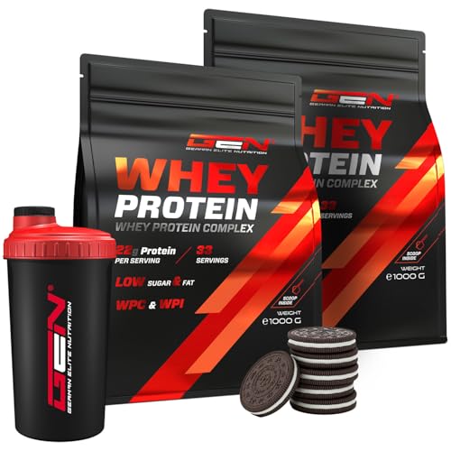 2 kg Whey Protein Komplex Premium Shaker - Mit Isolate Anteil - Instant lösliches Eiweiss Protein Pulver mit BCAA EAA - German Elite Nutrition - 2 x 1000 g Cookies Cream