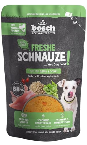 Bosch Freshe Schnauze Pute mit Quinoa und Spinat 1 x 400 g Schonend Dampfgegartes Nassfutter für Hunde Vollwertiges Alleinfuttermittel mit hohem Fleischgehalt 400 g Hundenassfutter