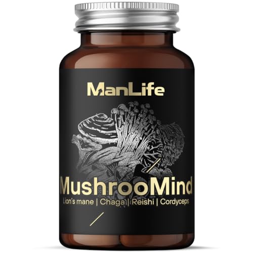 Lion s mane Cordyceps Reishi Chaga - Pilz Komplex PREMIUM - Löwenmähne Igel-Stachelbart - ManLife MushrooMind 90 vegane Kapseln - Stress Konzentration Immunsystem Gehirn