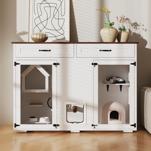Katzenschrank für Große Katzen Katzenklo-Schrank Katzenhaus Katzentoilette für Katzen Beistelltisch mit Schrank für Katzentoilette Abschließbarer Katzen-Toilettenschrank 48 x 140 x 100 cm weiß