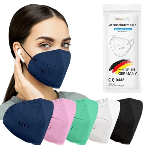 TubeRoo FFP2 Maske blau duneklblau marine 10 Stück Masken aus Deutschland Made in Germany weiche runde Ohrschlaufen Bänder Atemschutzmaske Mundschutz