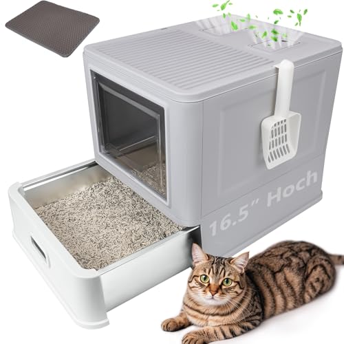 GOYJOY Geschlossene Edelstahl Katzenklo Große Faltbare Katzentoilette mit Deckel Überdachte Edelstahl-Katzentoilette Einfache Reinigung Kein Urinaustritt Vertiefte Wanne Mit Katzenstreumatte