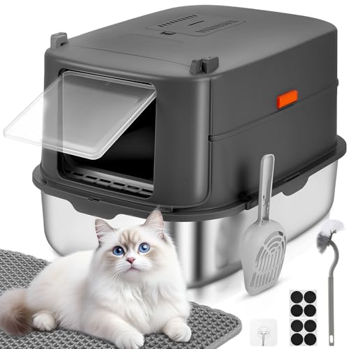 Papettly Katzentoilette Edelstahl mit Deckel XXL Litter Box Katzenklo 30L Große Katzenklo Edelstahl mit Deckel Hoher Abnehmbarer Rand Katzenklo mit Katzenstreumatte Leichte Reinigung 58x42x40CM