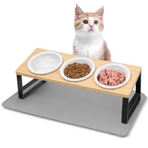 Avmvnvc Katzennapf Erhöht 3er Set Futternapf Katze aus Keramik 15 Gekippte Futterstation Katzen Hundenapf mit Metallhalter und Napfunterlage Silikon Fressnapf und Wassernapf für Katzen und Hunde