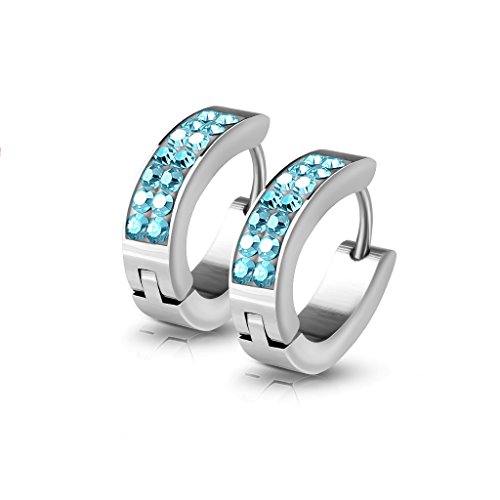 BlackAmazement 2er Set Paar 316L Edelstahl Klapp Creolen Zirkonia CZ elegant Ohrringe Silber Rosegold Rainbow Pink Aqua Damen Aqua