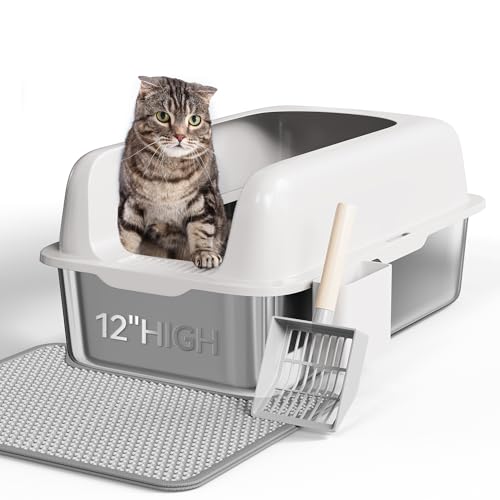 YITAHOME Edelstahl-Katzentoilette mit Deckel XXL Extra Großes Katzenklo mit Schaufel Rutschfester Boden Auslaufsicher Antihaft-Oberfläche Leicht zu Reinigen 60x40x30 für Katzen Weiß