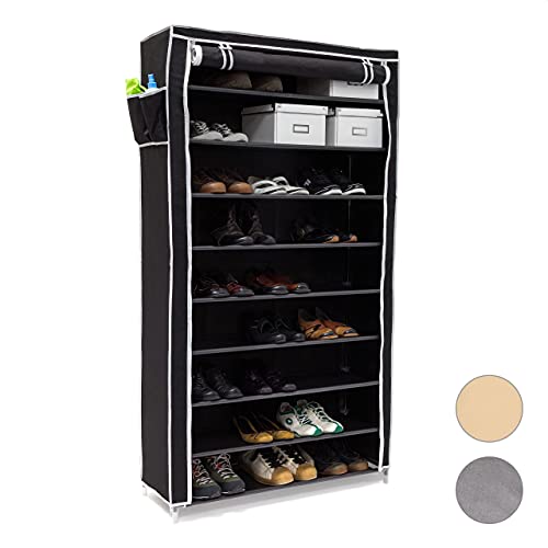 Relaxdays 1 x Schuhschrank Valentin hohes Schuhregal mit Stoffbezug 9 Ablagen Stoffschrank HBT 161 x 88 x 30 cm schwarz